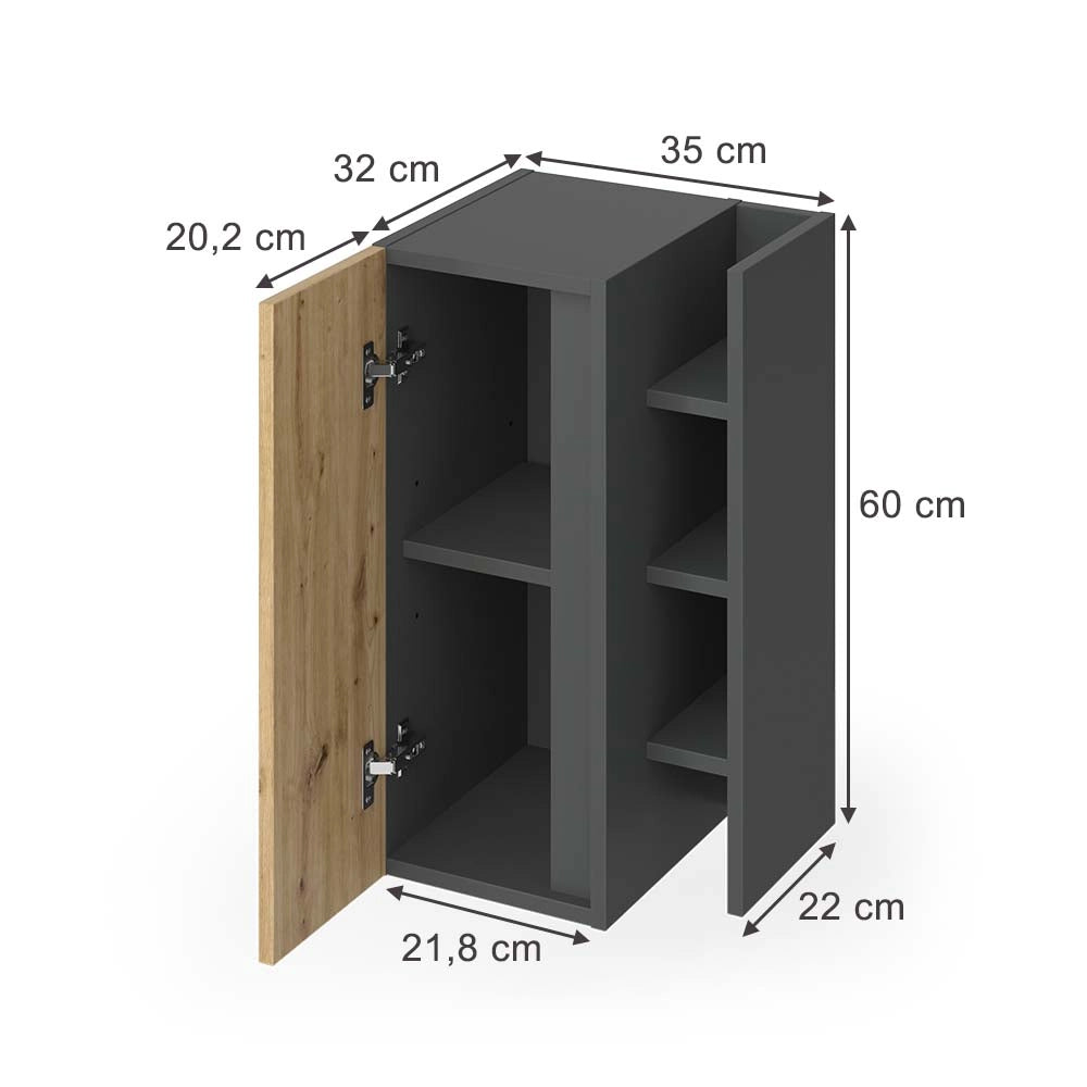 Mobiletto bagno Edelin Antracite/Rovere artigianale 35 x 60 cm con 3 vani portaoggetti Vicco
