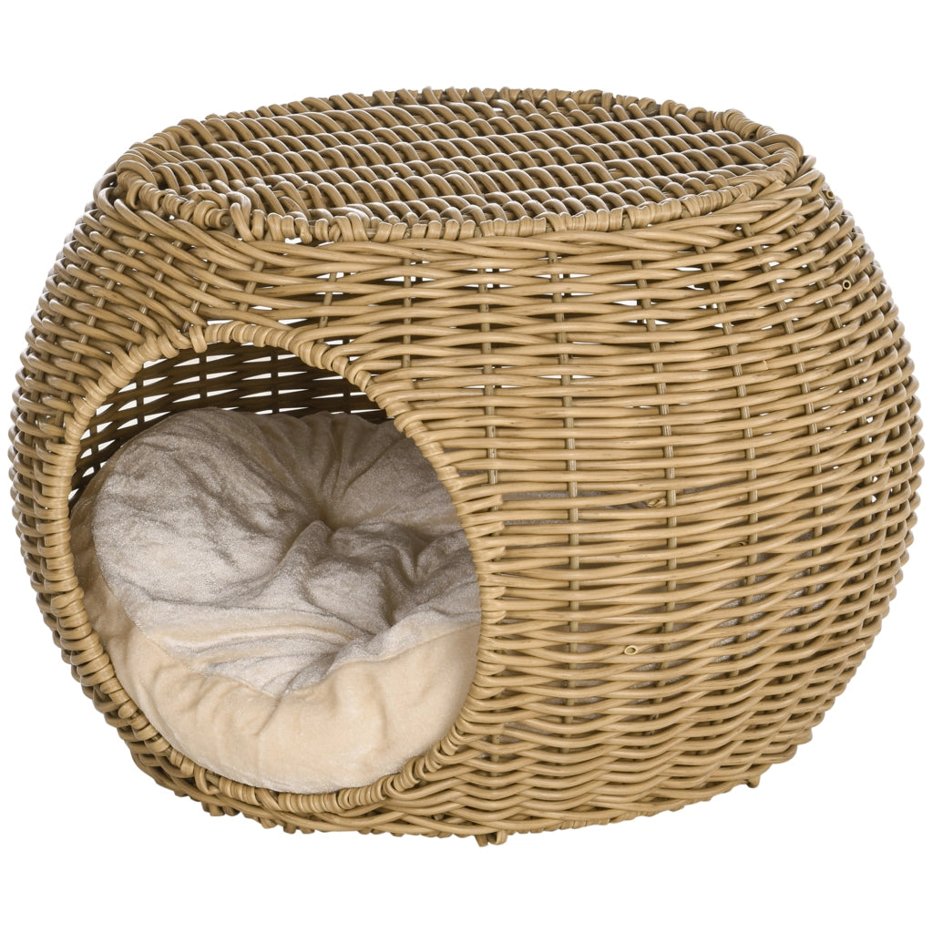 Cesta per Gatti a 2 Livelli ¨C zephmum ¨C Resina Effetto Rattan con Cuscino Marrone Chiaro ?40x30cm
