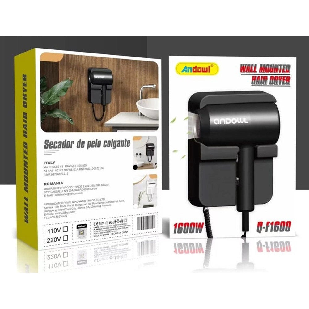 Trade Shop - Asciugacapelli Da Parete Hotel 1600w Da 1,6 Kw Con Supporto Cavo A Spirale 60 Cm Q-f1600 -