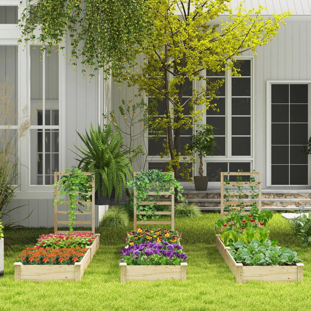 Aiuola da giardino rialzata con fioriera e traliccio-Fioriera da Giardino Kit di fioriere in legno per fiori 235x63x102cm Naturale