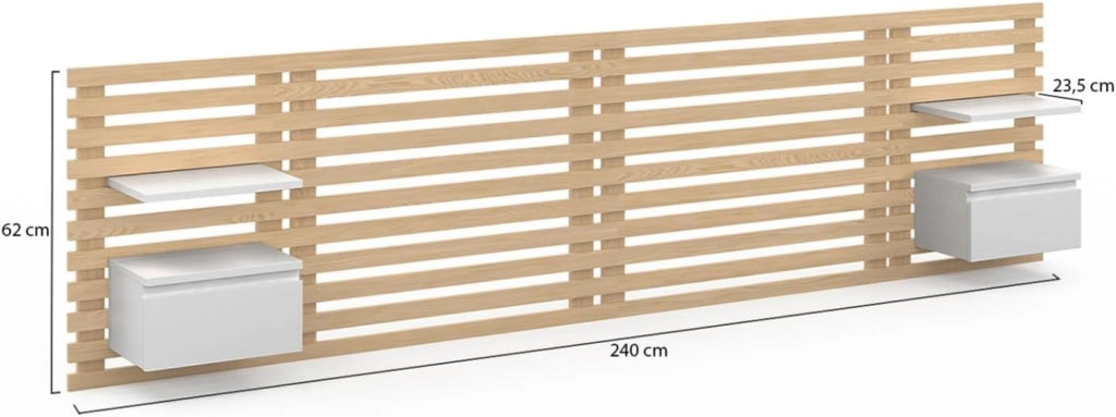 Cabecero de lamas AVA con mesillas colgantes 240 CM madera clara y blanco