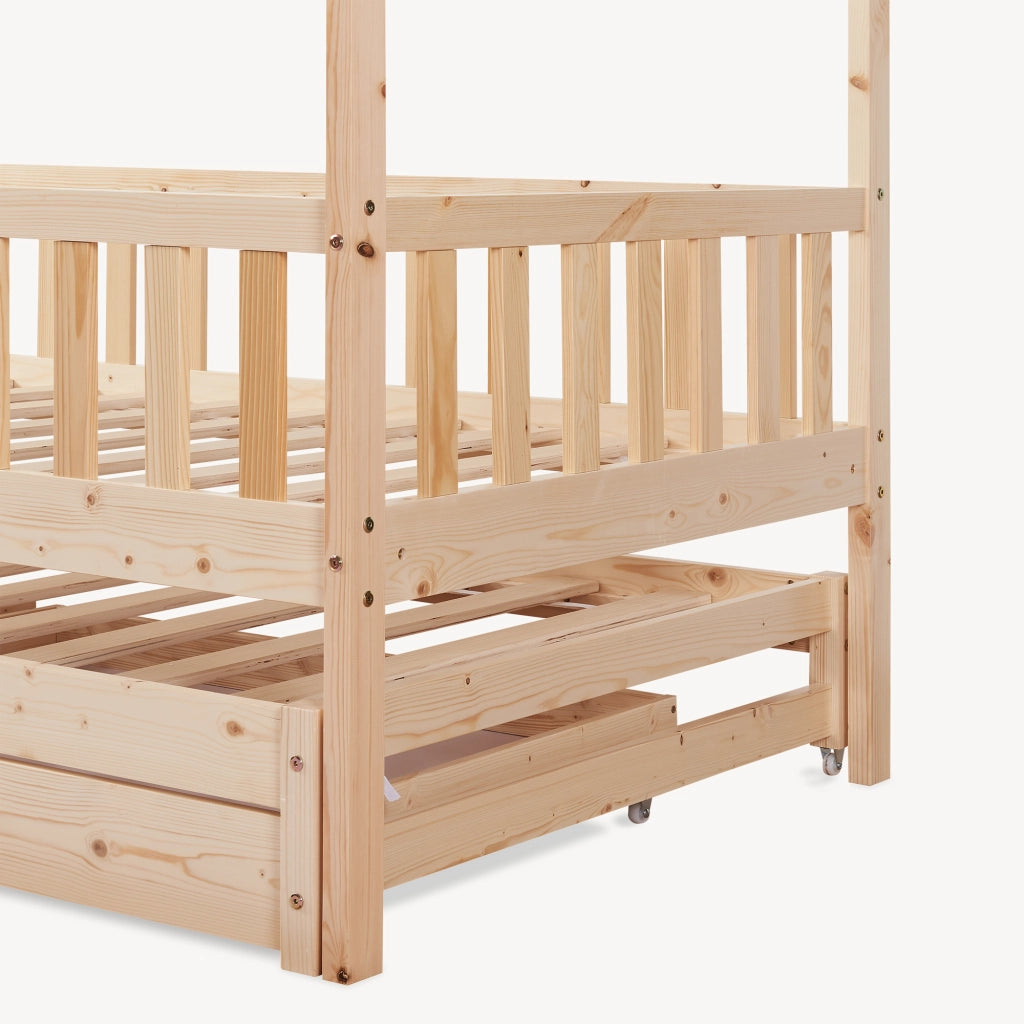 Letto a Casetta per Cameretta Aarghonmaa in Legno di Pino con Letto Estraibile e 2 Cassetti 90x200 cm - Naturale [en.casa]