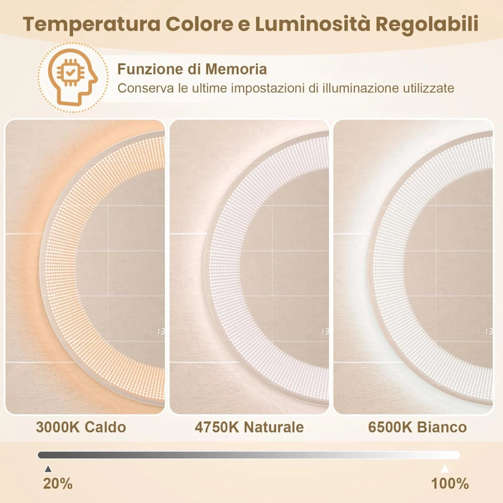 Specchio da Bagno a LED 60x60vm, Specchio Rotondo a Parete con Luci a 3 Colori, Lettura di Tempo e Temperatura, Funziona Anti-Appannamento e Impermeabile IP44, Specchio Cosmetico