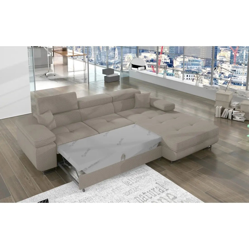 Divano ad angolo trasformabile AMANDA beige scuro in velluto a coste con contenitore