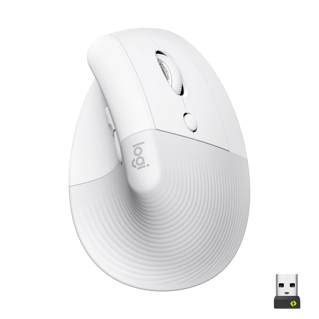 Logitech lift mouse ergonomico verticale, senza fili, ricevitore bluetooth o logi bolt usb, clic silenziosi, 4 tasti, compatibile con windows / macos / ipados, laptop, pc. bianco - 910-006475