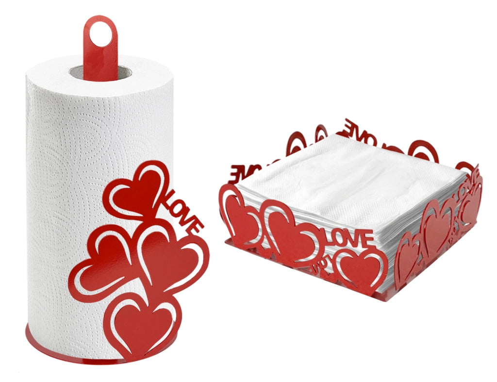 Set Accessori Cucina 2/4 Pezzi Porta Scottex Portatovaglioli Vassoio Grande Da Portata Portafrutta Centrotavola Metallo Design Moderno Decorazioni Tavola  - Cuori Rossi - 2 Pezzi
