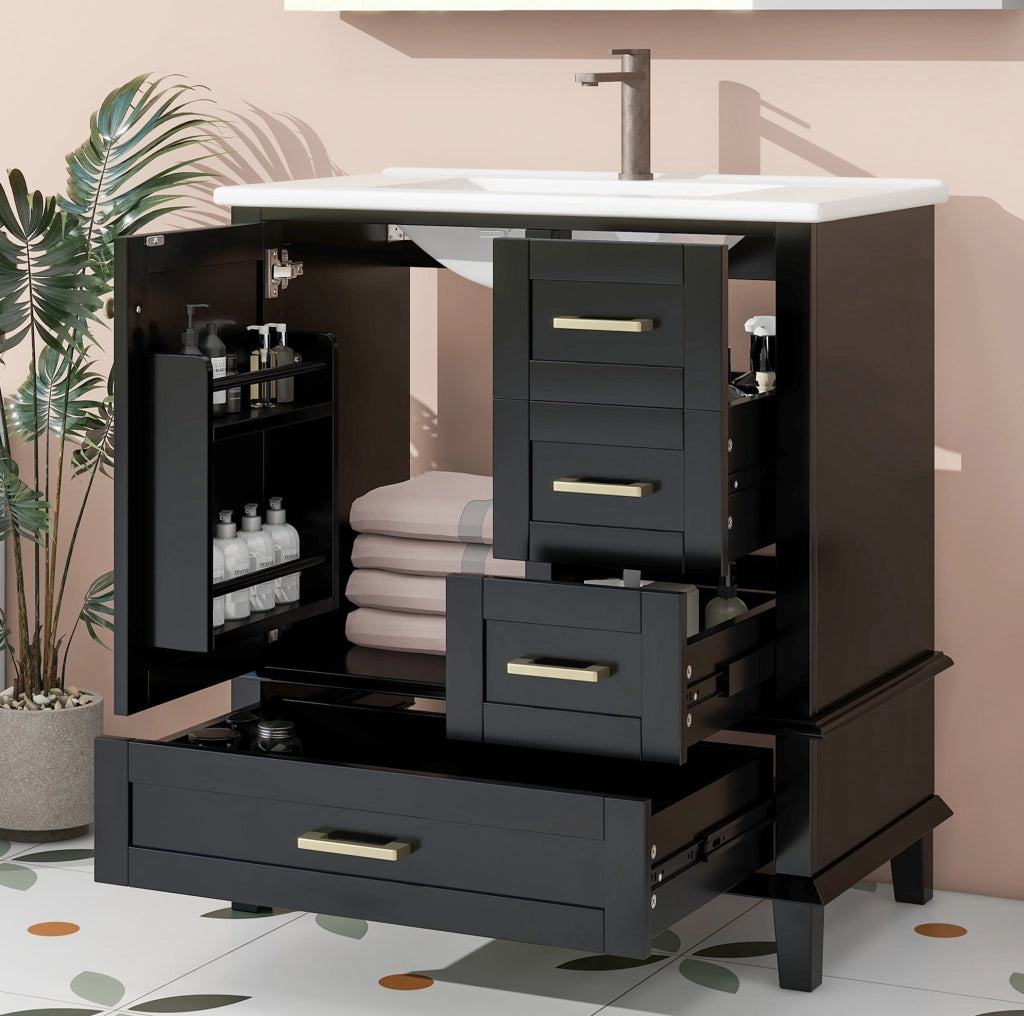 Mobile bagno 76 cm con lavabo in ceramica; 3 cassetti e ripiano; nero HOMVRA