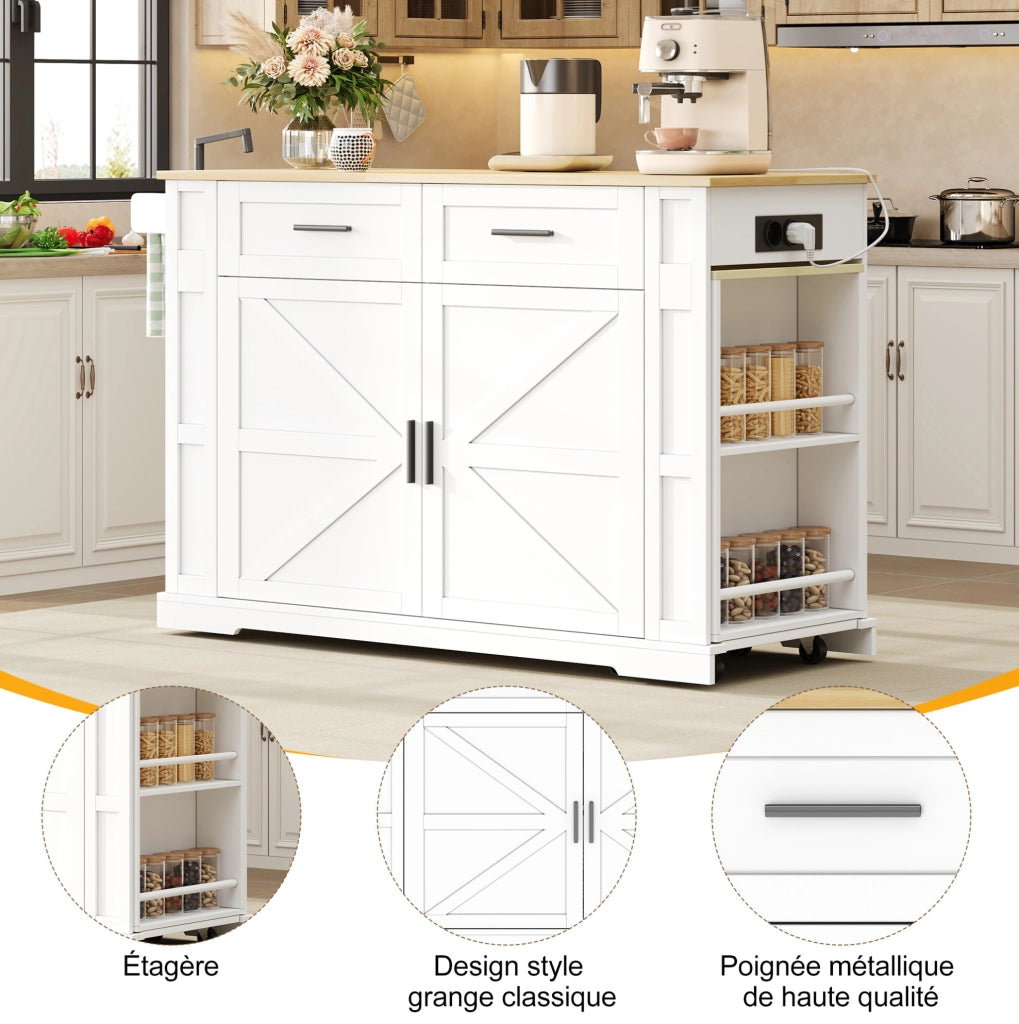 Isola cucina mobile con piano estraibile 130/205 x 50 x 93 cm; MDF; naturale e bianco