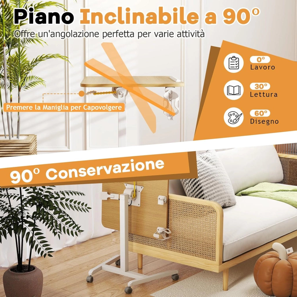 Tavolo Pieghevole per Laptop su Ruote con Piano Inclinabile a 90°, Tavolino Regolabile in Altezza e Portatile con Gancio & Portabicchiere per Divano e Letto