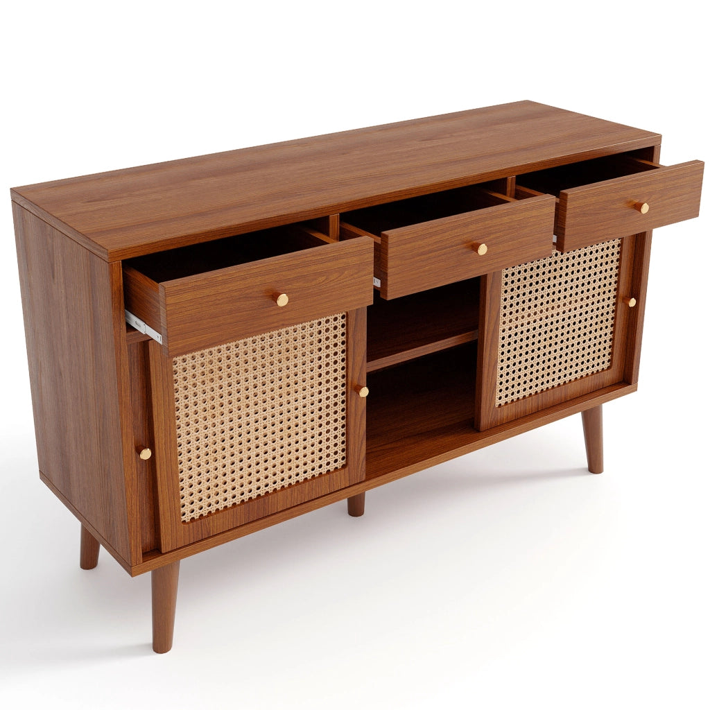 OKWISH Credenza con 3 Cassetti e 3 Ante Scorrevoli, Ripiani Regolabili, per Soggiorno, MDF, Noce 120×40×78 cm