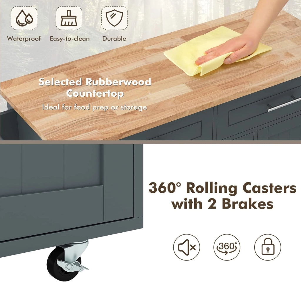 Carrello Portaoggetti con Ruote con 2 Freni, Isola Cucina in Rovere Massiccio, Mobiletto da Pranzo con Portaspezie e Portasciugamani, per Soggiorno, 111,5 x 46 x 93 cm, In 2 Pacchi (Grigio)