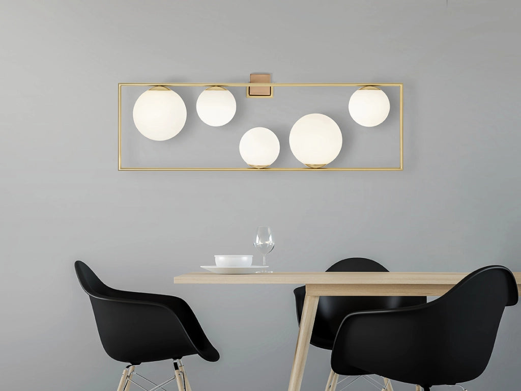 BUBLE APPLIQUE DA PARETE 5 SFERE OPALINO STRUTTURA ORO SPAZZOLATO E BRONZO ATTACCO E27