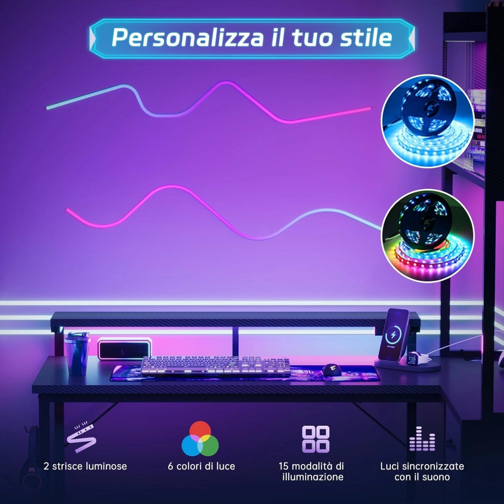 Scrivania Gaming con Luci LED e Presa Elettrica, 115_x_90_cm Scrivania Angolare a L con Mensola, Pannello a Griglia, 3 Cassetti e Supporto Monitor per Giocatori, Nero