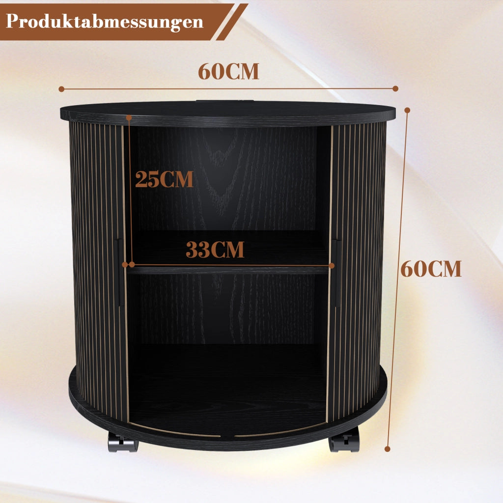 Comodino cilindrico stile mid-century con presa e 2 porte USB, anta scorrevole e vano contenitore, nero, 60 × 60 × 60 cm