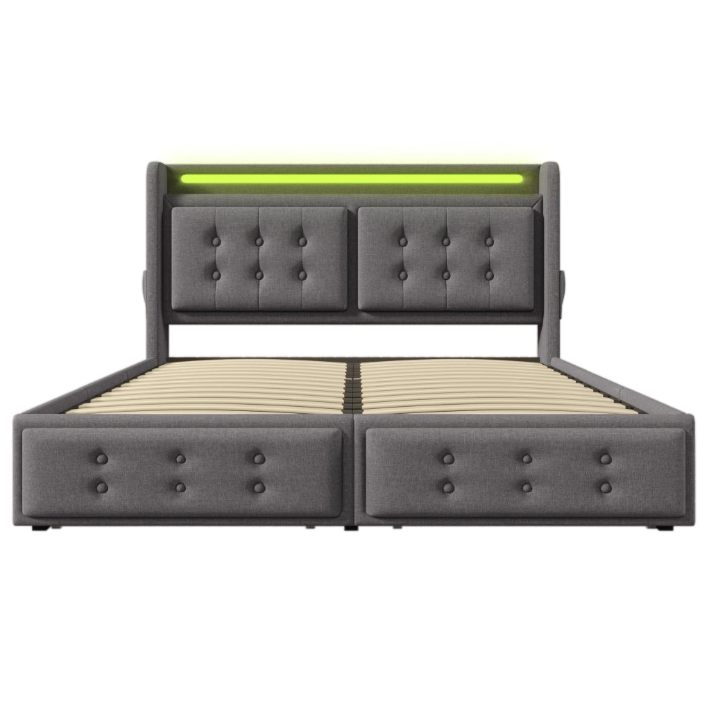 Letto imbottito 180x200 cm con LED; ricarica e 4 cassetti in cotone lino grigio
