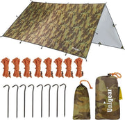 Telaio da tenda 3 x 5 acqua, impermeabile, mimetico, per lettino esterno, impermeabile con occhielli + 8 spine + 8 cavi, protezione da pioggia, ombreggiatura per outdoor, campeggio, riutilizzabile