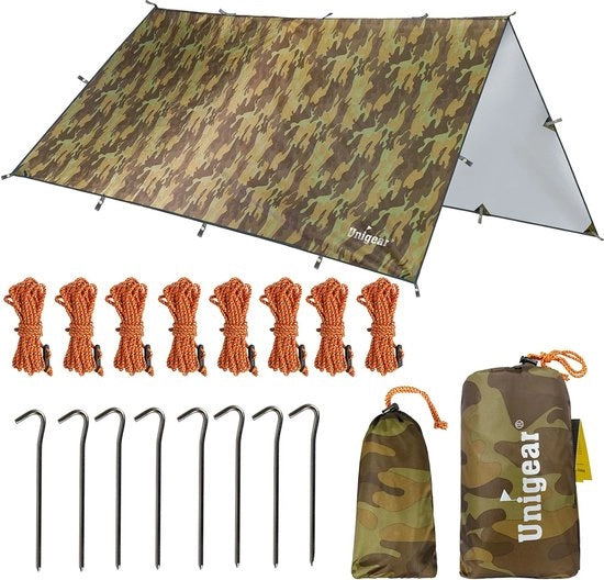 Telaio da tenda 3 x 5 acqua, impermeabile, mimetico, per lettino esterno, impermeabile con occhielli + 8 spine + 8 cavi, protezione da pioggia, ombreggiatura per outdoor, campeggio, riutilizzabile