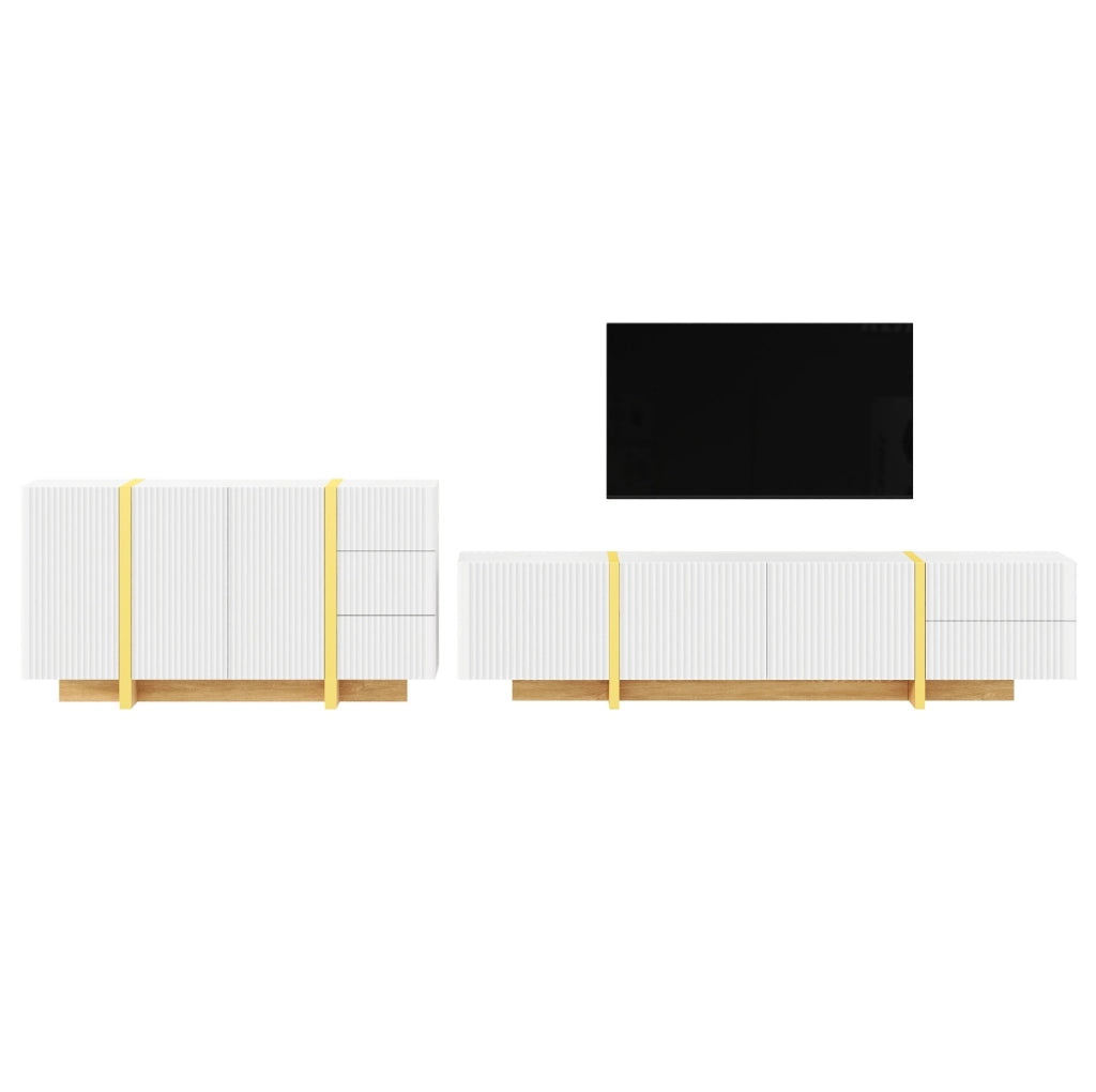 Combinazione mobile TV e sideboard ULEVR bianca con frontali scanalati, cassetti e vani chiusi, 190 cm