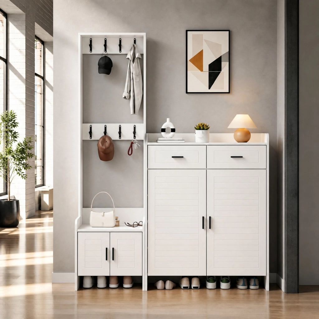 Mobile ingresso bianco 125 x 36 x 165 cm con 2 cassetti, 2 ante, 6 ripiani e 8 ganci