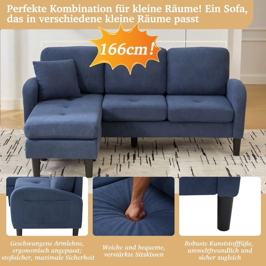 Divano angolare modulare 3 posti - con chaise longue reversibile - in tessuto a coste blu