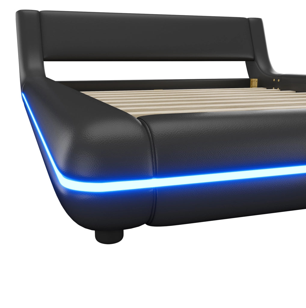 Letto a pavimento 140x200 cm in PU nero con LED regolabili via app