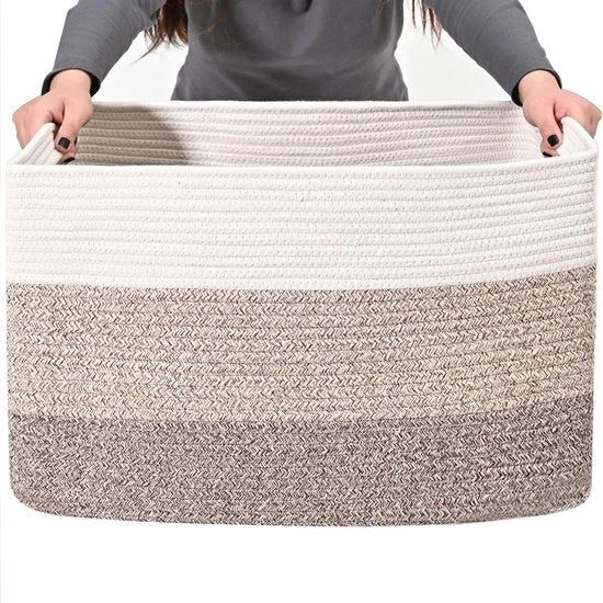 Wascio in tessuto di cotone (55x43x30,5cm) - Wascio a mano con manigliona - Bianco e Moka - Contenitore stabile per la conservazione di biancheria, giocattoli e altro (Moka)