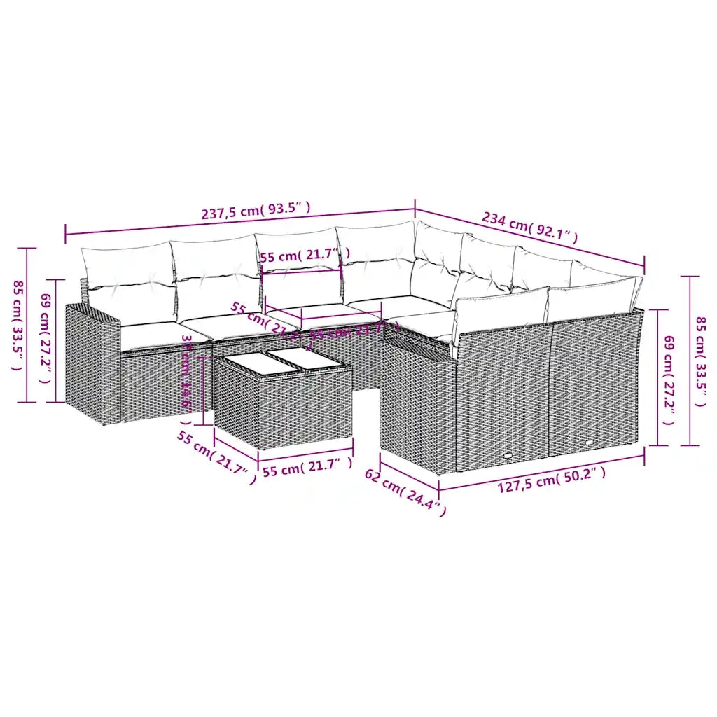 Set Divano da Giardino 9 pz con Cuscini Beige in Polyrattan 3251095