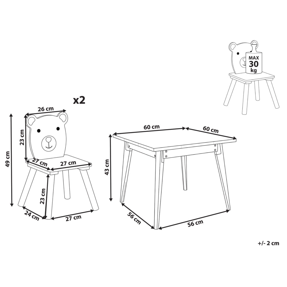 Set Tavolo con Sedie per Bambini 2 Posti in Stile Scandinavo a Tema Animale Bianco in MDF e Gambe in Legno di Pino