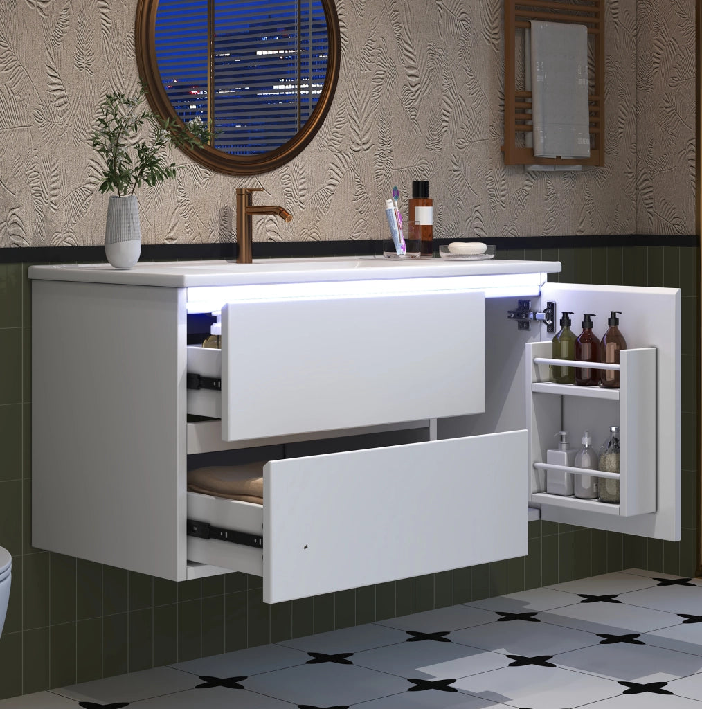 Mobile lavabo sospeso 91,5 cm bianco con LED e lavabo