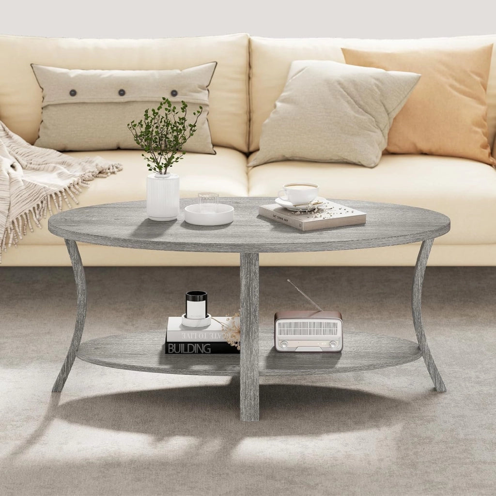 Tavolino da Caffè Ovale a 2 Livelli, Tavolino Basso da Salotto in Legno con Ampio Piano e Ripiano Aperto, Design Rustico per Soggiorno, Ufficio e Studio, 111 x 60,5 x 47 cm (Grigio)