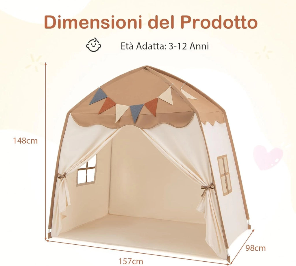 Tenda per Bambini con Luci Fatate e Bandierine, Tenda Casetta da Gioco con 2 Finestre, Tenda Gioco Castello Portatile per Interni ed Esterni, 157 x 98 x 148 cm (Marrone e beige)