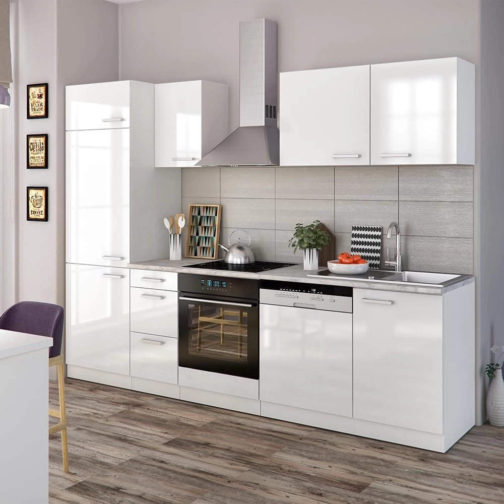 Cucina componibile Optima, Bianco lucido/bianco, 270 cm senza piano di lavoro con striscia LED, adatto per disposizione e ampliamento personalizzati