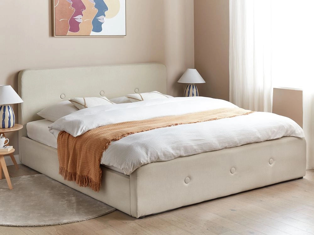 Letto a doghe Tessuto in poliestere beige Gambe in legno imbottite Pouf contenitore 180 x 200 cm Design moderno