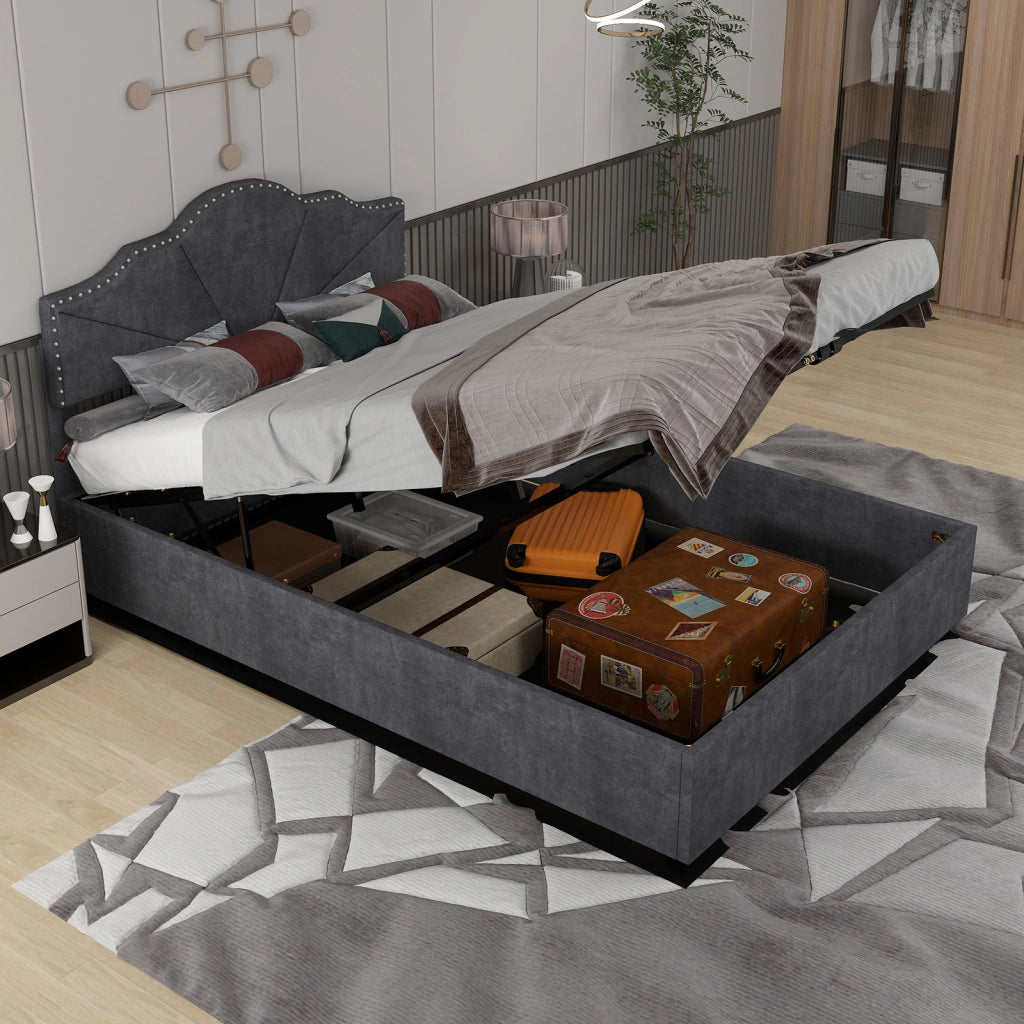 Letto Contenitore Imbottito ¨C MINIMAL ¨C Grigio 140x200 con Testiera, Doghe e Alzata Idraulica