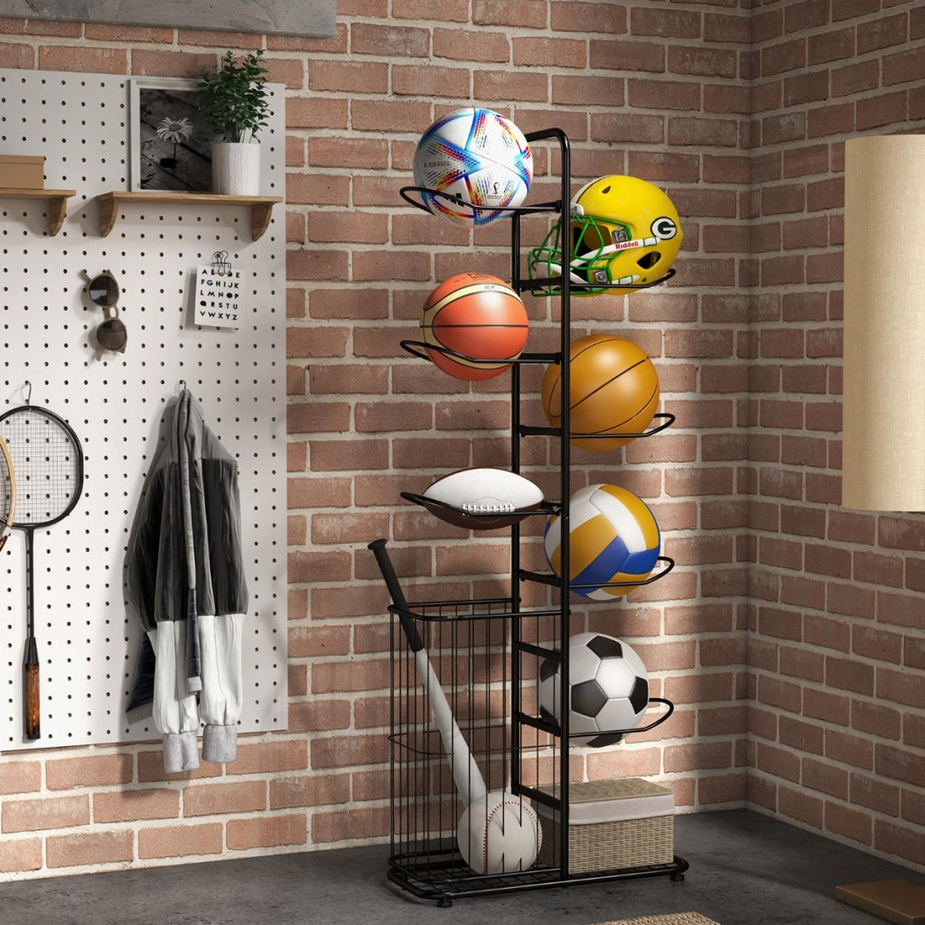 Scaffale portapalle a 7 livelli con 7 asticelle rimovibili e cestino laterale per palline-Porta pallacanestro in metallo Nero