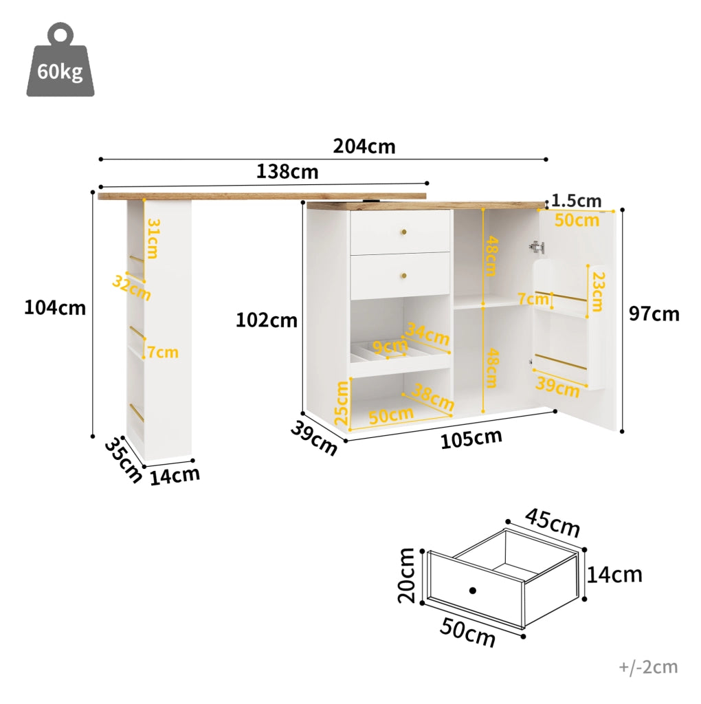 Mobile girevole in MDF bianco con ripiani laterali rotanti e cassetti