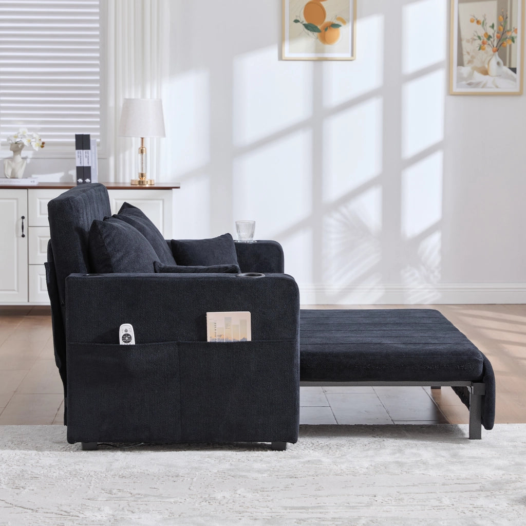 Divano Letto 2 Posti con Funzione Letto USB Tasche Laterali e Portabicchieri in Ciniglia Nero