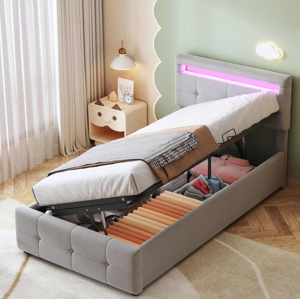 Letto imbottito 90x200 cm con LED e contenitore; velluto grigio (Senza materasso)