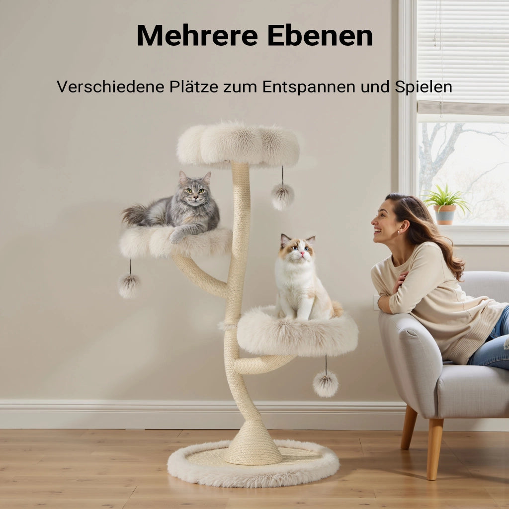 Fudajo Albero tiragraffi per gatti di design con 3 piattaforme, Ø 59 cm, altezza 125 cm, portata max. 15 kg, beige con sisal e peluche, colonna con 3 livelli