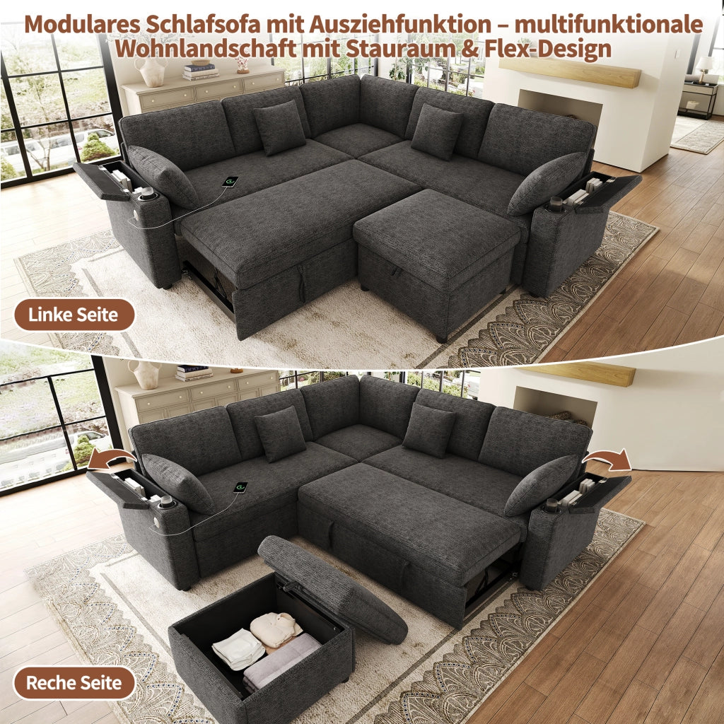 Divano angolare con letto estraibile, pouf mobile, USB e porte bicchieri, contenitori nei braccioli, in ciniglia grigia
