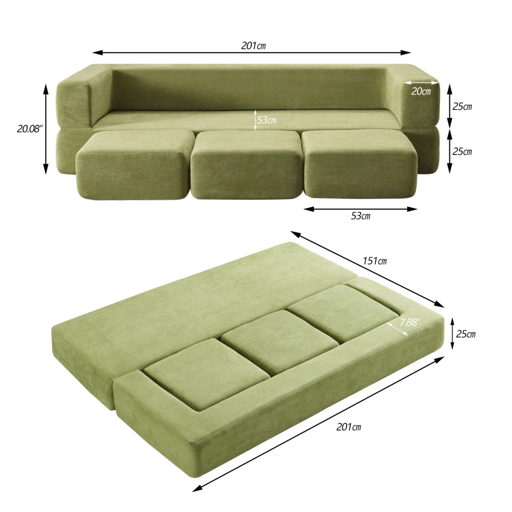 Divano letto da pavimento modulare in ciniglia verde