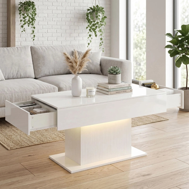 Tavolino basso con LED RGB, 2 cassetti e telecomando, finitura lucida bianca, per soggiorno, 120 × 56 × 13 cm