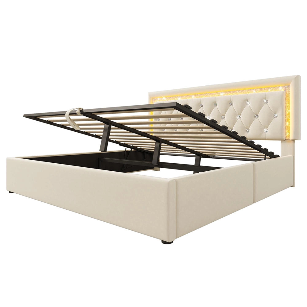 Letto imbottito-Xylo-160x200cm LED diamante USB-C idraulico velluto beige con materasso