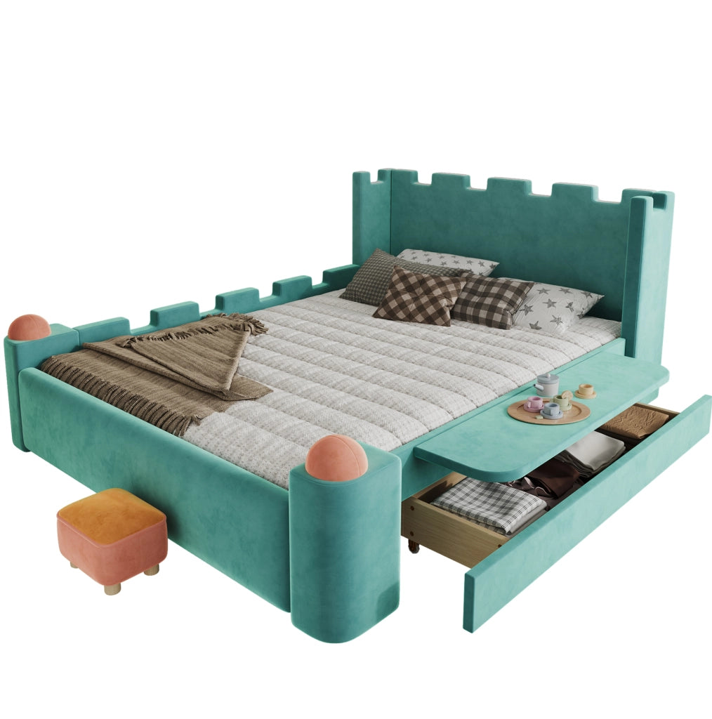 Letto imbottito 140x200 cm con sponda pieghevole e cassetto contenitore in velluto blu-verde