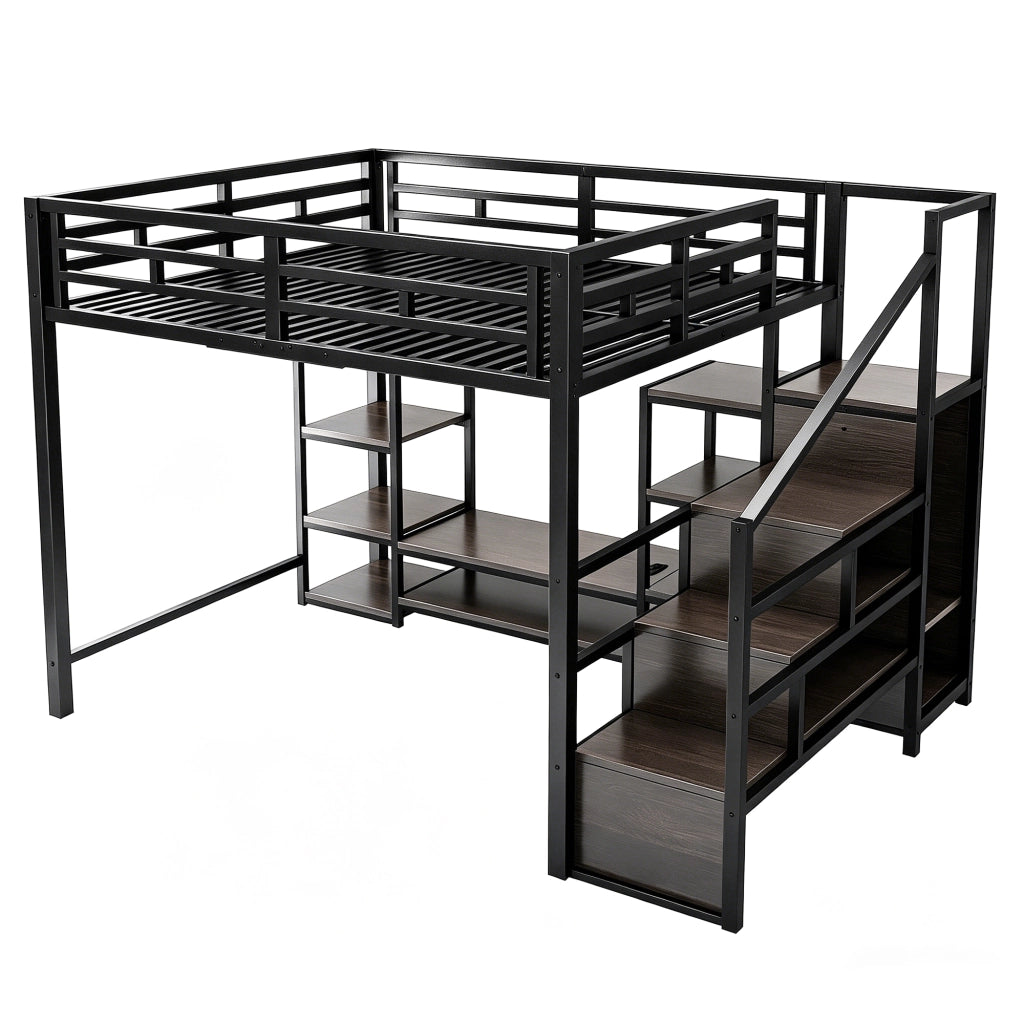 Hochbett 140x200 cm in metallo e MDF con supporto TV, presa integrata e scala contenitore, nero