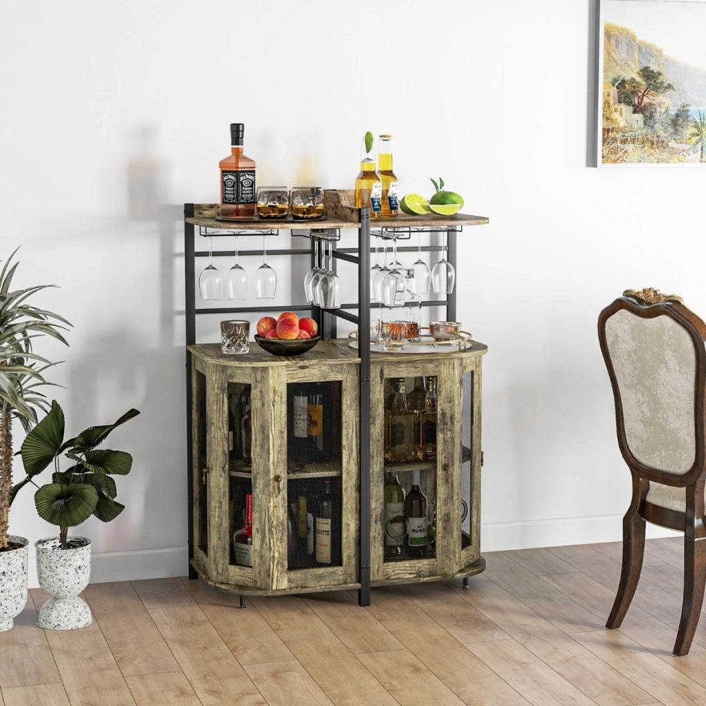 Armadio da bar con portabicchieri in vetro porte in rete metallica ripiano regolabile, Armadio porta vino Marrone-Mobili porta liquori
