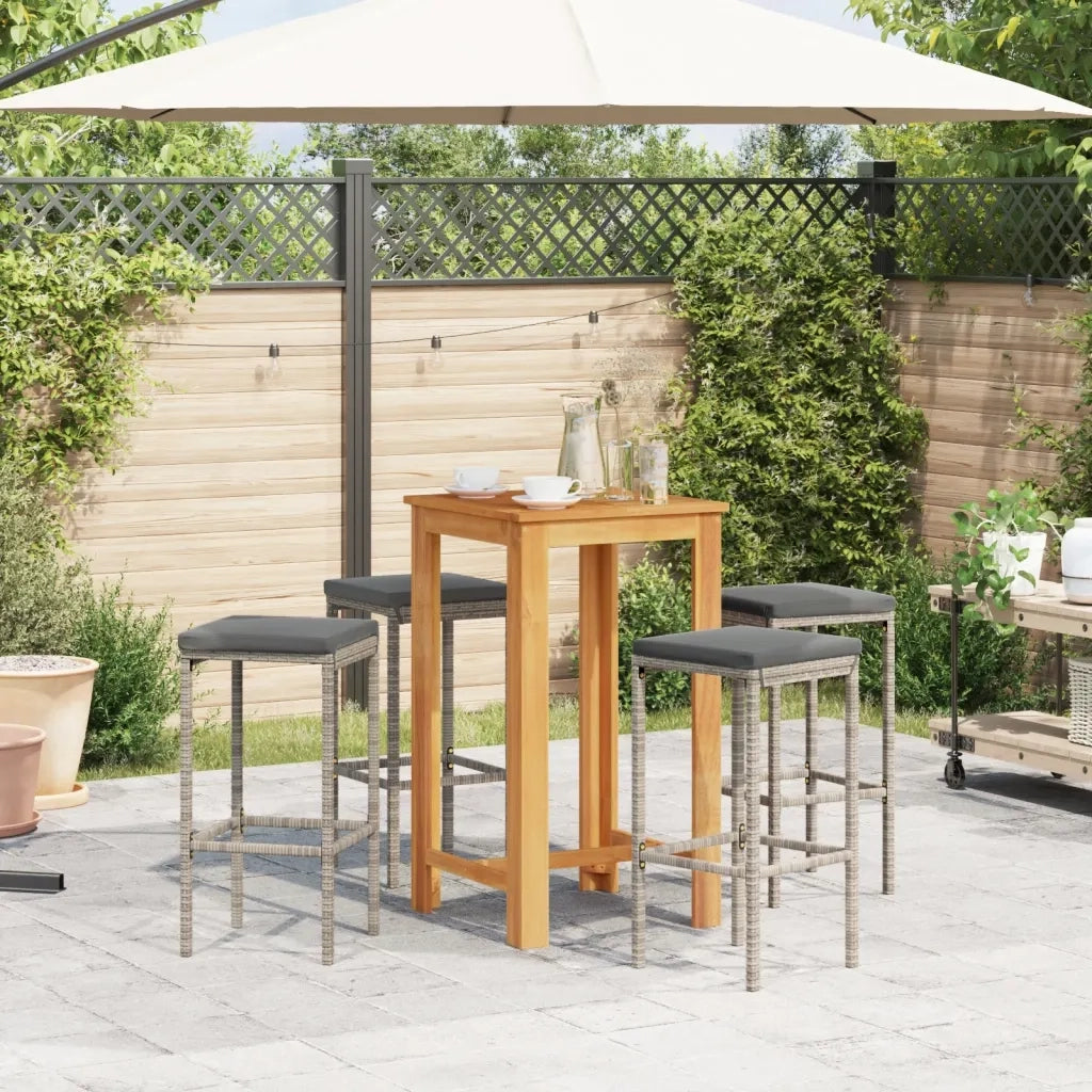 Set Bar Giardino 5pz Grigio Legno Massello Acacia e Polyrattan