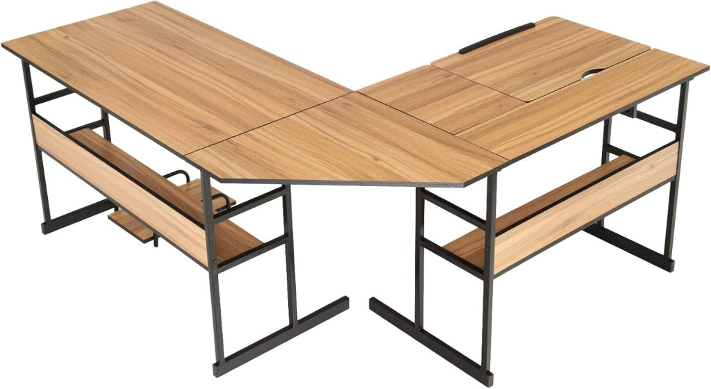Scrivania ad angolo a forma di L 170 cm, Scrivania per computer con 2 ripiani, vassoio inclinabile, supporto per unità centrale, tavolo da computer, poco ingombrante, stile industriale (noce)