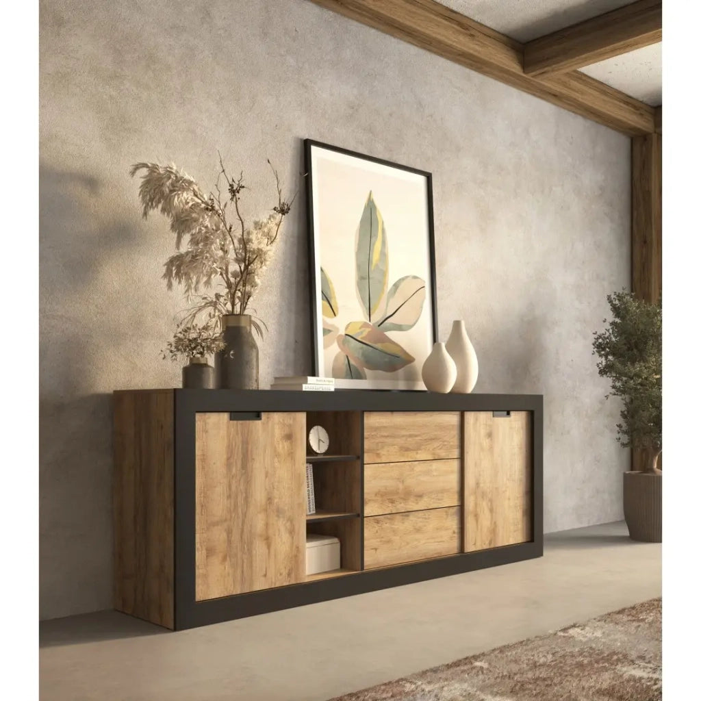 Buffet MEUNIER – 2 porte scorrevoli & 3 cassetti – Rovere Samdal & nero opaco – 220×85×45 cm