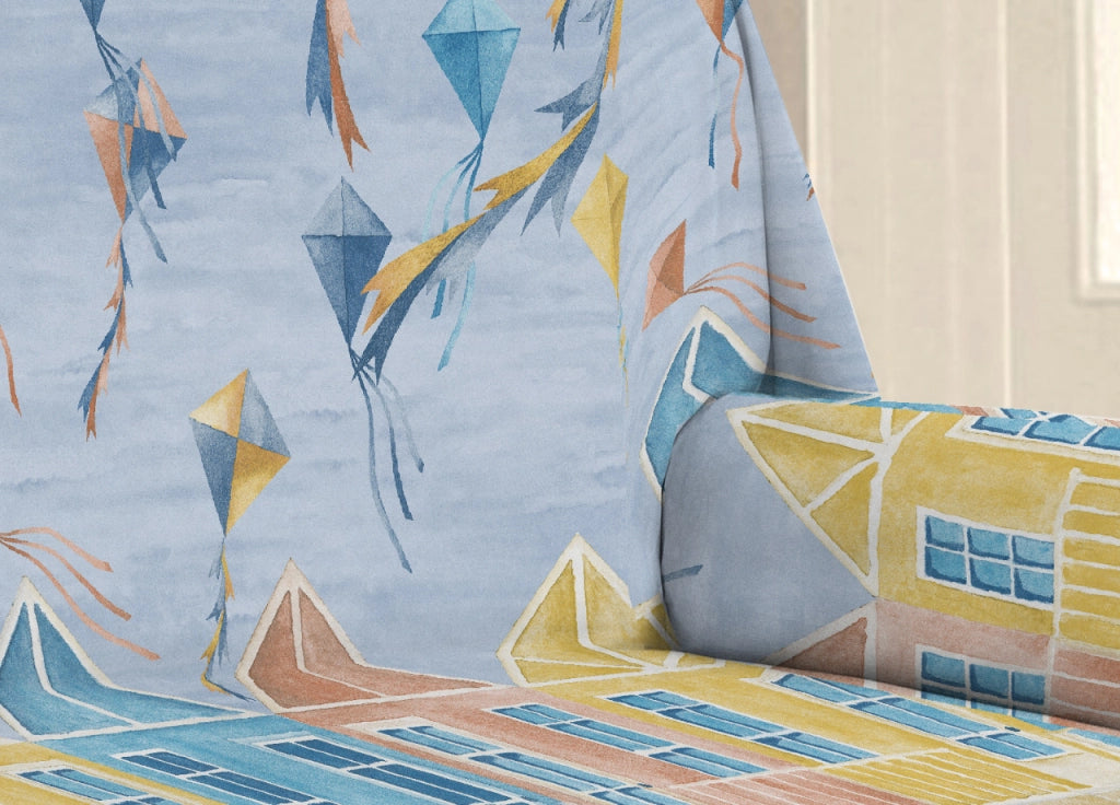 Telo Arredo Multiuso Linea Pensieri Delicati In Cotone Disegno Aquiloni - Matrimoniale - Azzurro